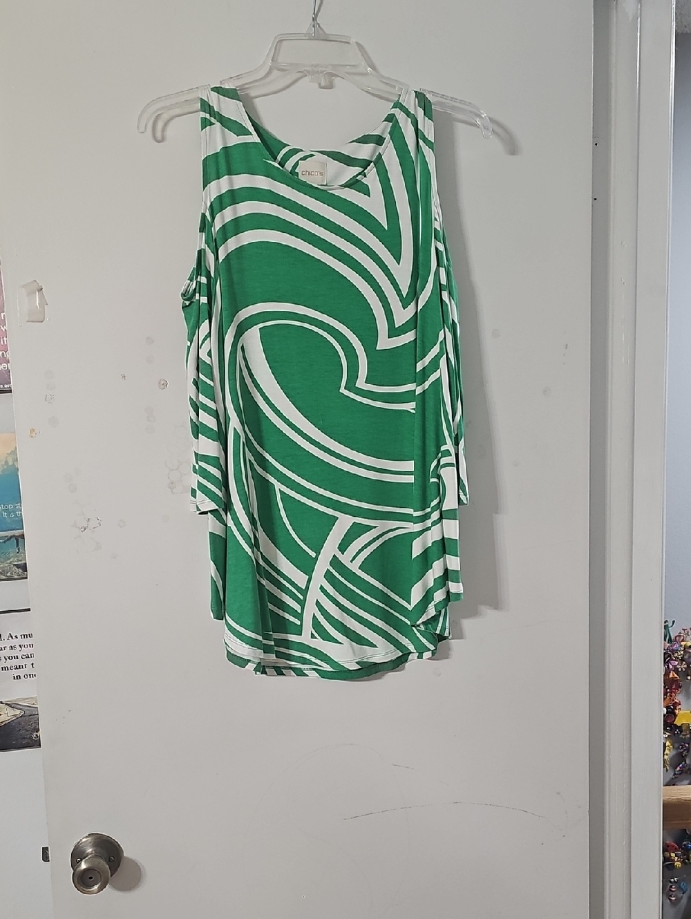 Chico's Green and White Cold-Shoulder Tunic Top